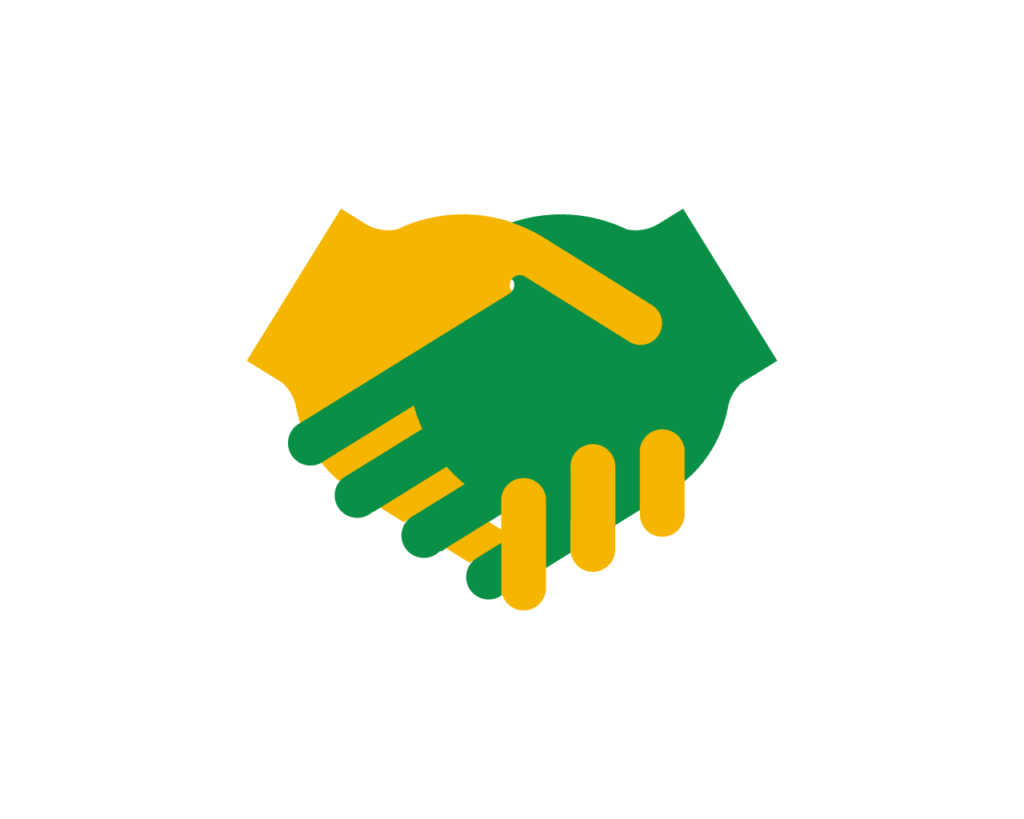 Cooperation symbol with two hands holding each other in a handshake, one hand in a yellow color and the other hand in a green color