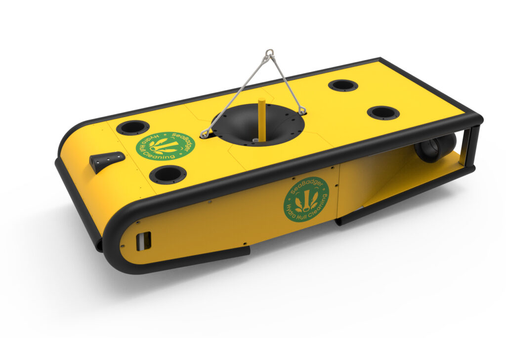 SeaBadger hull cleaner ROV in yellow with green logo